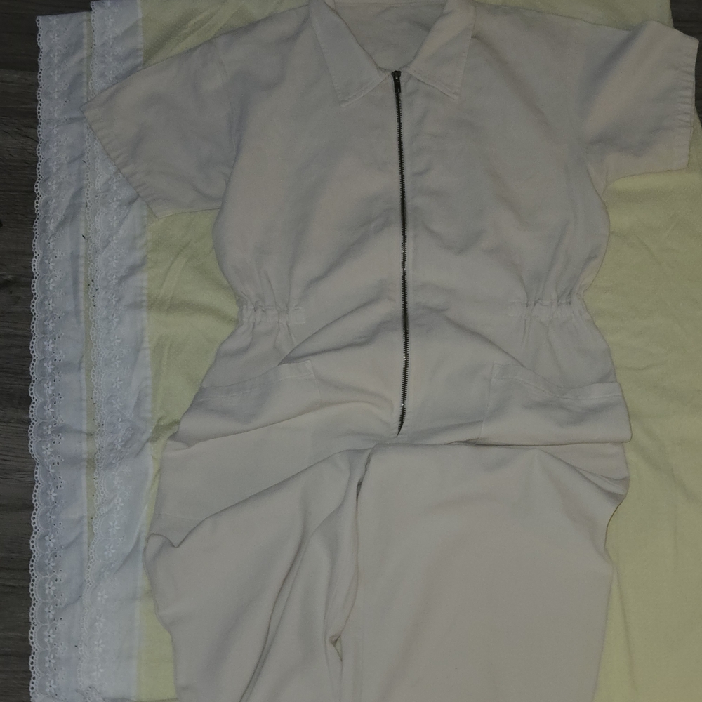 Cream Short Sleeve Zip-Up Jumpsuit